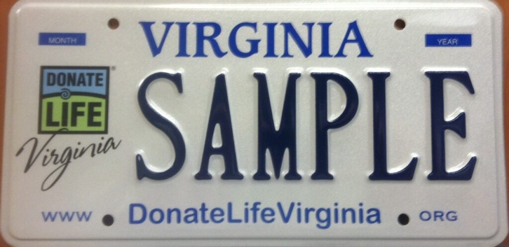 A Donate Life Virginia license plate.